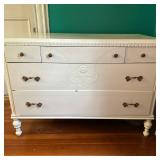 White Dresser with Five Drawers | White painted dresser with five drawers and intricate carved motif