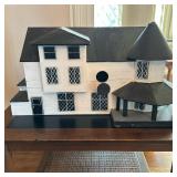 Hand-Crafted Birdhouse | Hand-crafted and hand-painted wooden birdhouse resembling a manor with entr