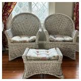 (3pc) White Wicker Chairs & Ottoman | Pair of white painted wicker armchairs with seat cushions and 