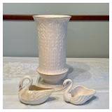 (3pc) Lenox & Belleek Items | Lenox vase : 9.75"H Belleek swan: 5"W x 3.5"H. Unmarked swan: 4"W. x 3
