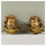 (2pc) Cherub Wall Hangings | Pair of vintage hand-painted cherub wall hangings. - h. 4 x w. 4 in
