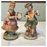 (2pc) Figurines - Two Musicians | Pair of hand-painted porcelain musician figurines, one with a harp