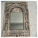 Relief Art Framed Wall Mirror | Vintage tole/metal relief art framed mirror with designs of historic