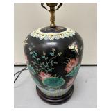 Black Ceramic Table Lamp | Black lacquered ceramic base table lamp with floral details