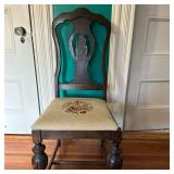 Dining Chair with Needlepoint Cushion | Antique Queen Anne style dining chair with floral needlepoin