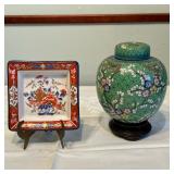 (2pc) Chinese Lidded Urn & Japanese Dish | Antique Chinese enamel lidded urn/ginger jar featuring fl