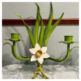 (2pc) Daffodil-Shaped Candlestick Holders | Pair of hand-painted tole/metal daffodil-shaped candlest