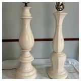 (2pc) Porcelain Pillar Table Lamps | Pair of vintage porcelain pillar table lamps in varying styles.