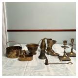 (9pc) Brass & Metal Decor | Assortment of brass and metal decor including candlestick holders, bucke