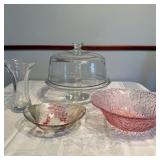 (4pc) Glass Cakestand & Decorative Bowls | Vintage glass pieces including a vase, cake stand, and de