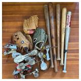 Baseball Equipment & Roller Skates | Vintage sporting equipment including baseball bats, Spalding gl