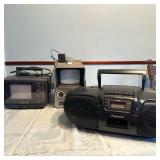 (3pc) Portable Televisions & Stereos | Vintage electronics including Emerson 5" portable AC/DC color