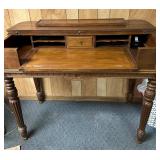 Flip Top Wood Desk | Carved wood fold top tesk with pigeon holes and central drawer, over reeded leg
