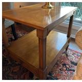 PAIR WOODEN END TABLES | Carved wood side tables with lower open shelf, on tapering square feet.