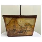 Magazine Holder | Magazine holder with a leather-like material and decoupage scene on front. - h. 17