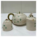 (3pc) Belleeck Shamrock Leaf Teapot | Teapot: dia. 10 in. x h. 5 in. Honey: dia. 3 in. x h. 3 in. Su
