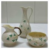 (3pc) Belleek Shamrock Leaf Pitcher | Pitcher: h. 7 in. Creamer: h. 4 in. Sugar: h. 2.25 in.