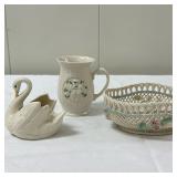 (3pc) Belleek Decor | Belleek snowman mug: 4.5 in. Belleek ceramic basket: 7 in. x 5 in. x 2.5 in. S