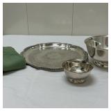 (4pc) Silverplate Pieces & Tarnish Bag | Tray: dia. 13.25 in. Small bowl: 4 in. x 2.5 in. Large bowl