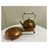 (2pc) Copper Teapot | Vintage copper teapot and a lidded, handled warmer with carved lion design.