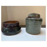 (2pc) Japanese & Other Pottery | Japanese-Inspired glazed lidded jar and handmade wide-mouth vase Ja