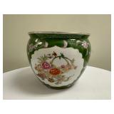 Green Cachepot | Small green cachepot with hand-painted goldfish design - h. 7 x dia. 8 in