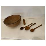 (5pc) Carved Items | Bowl: h. 5 in. x 10 in. dia Spoons: 8.5 in. Bud Vase: h. 5 in.