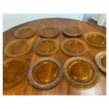 (10pc) Amber & Gold Plates | Vintage amber glass dinner plates with floral patterned edges (possibly