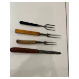 (4pc) Wooden Cutlery | Antique 3-tine bread fork; pair of 2-tine meat forks; and a carving knife.