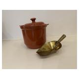 (2pc) Brass Scoop & Canister | Brass scoop: l. 7 in. Lidded canister: h. 7 in. (to knob), h. 5 in. (