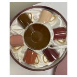 (12pc) Coffee & Tea Set | Vintage pink/magenta coffee and tea set with silk lined box Cups: h. 2 in.