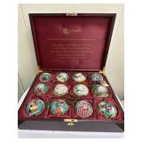 (13pc) 12 Days Ornaments | Vintage lacquered box with ornaments of the 12 days of Christmas.