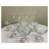 Misc. Glass Stemware | Miscellaneous stemware including: 6 etched (floral) wine glasses. 5 pressed g