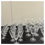 (30pc) Misc. Cut Crystal Wine Glasses | 11 Water glasses: h. 6.5 in. 13 Wine glasses: h. 5 in. 6 Ape