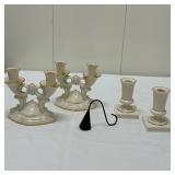 (5pc) Lenox Candlestick Holders & Snuffer | Double candle: h. 6 in. x w. 6 in. Single candle: h. 4.5