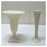 (2pc) Lenox Trumpet & Thin Vase | Wide vase: dia. 6.5 in. x h. 9 in. Skinny vase: dia. 3 in. x h. 10