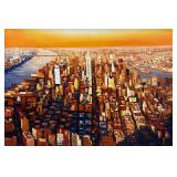 Painting - Abstract NYC | Modern, abstract, oil-on-canvas painting of New York City in gold frame. N
