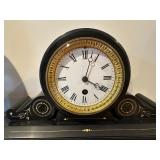 Marble Mantel Clock | Antique Victorian black marble mantel clock with gold details. - h. 10 x w. 15