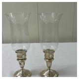 (2pc) Sterling Silver Hurricanes | Sterling silver base with glass hurricane. - h. 11 x w. 4 in