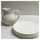 (6pc) Crate & Barrel Plates | Crate & Barrel dinner plates: dia. 11 in. FP Home ribbed pitcher: h. 8