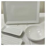 (8pc) Pottery Barn Serving Dishes | Centura Bowl: dia. 8 in. Unmarked Platter: 12 in. x 17 in. 6 Pot