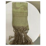Tasseled Pashmina | Green pashmina with braided and tasseled fringe.