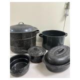 (8pc) Enamel Cookware | Large lidded pot with canning insert; Medium lidded pot; Casserole/lidded di