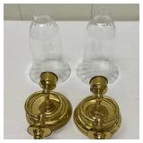 (2pc) Brass Wall Sconces & Hurricanes | Brass wall sconces and hurricanes. - h. 15.5 x d. 3.5 x dia.