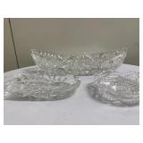 (3pc) Crystal Dishes | Long: h. 2.5 in. x w. 12 in. Middle: h. 2 in. x w. 7 in. Round: h. 1 in. x w.