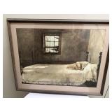 Artwork - Master Bedroom | Painting of a dog asleep on a four-poster bed. Not signed by the artist, 