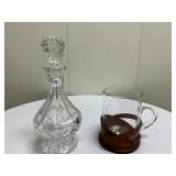 (2pc) Glass Pitcher & Decanter | Small glass pitcher with leather base/details. Small cut crystal de
