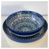 (2pc) Pair Rio Salado Dishes | Two hand painted ceramic serving bowls with blue, green, and white de