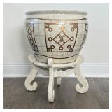 Planter on Stand | Large decorative faux bone planter on stand in glazed ceramic with gilt accented 
