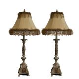 (2pc) Pair Table Lamps | Antique style candlestick-form table lamps with fringed shades. - h. 34 x d